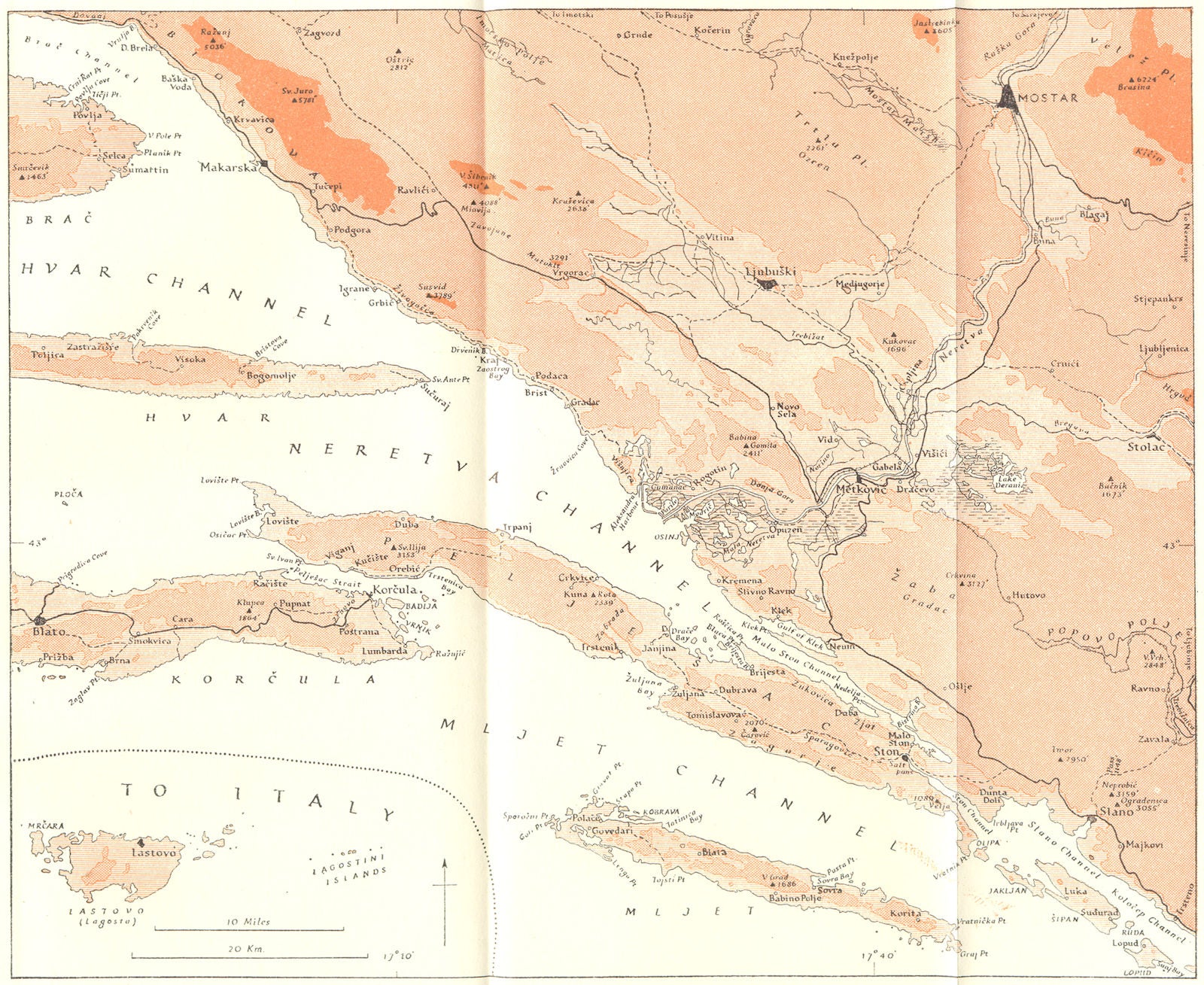 BIOKOVO. Coast delta Neretva Peljesac Peninsula 1944 old vintage map chart